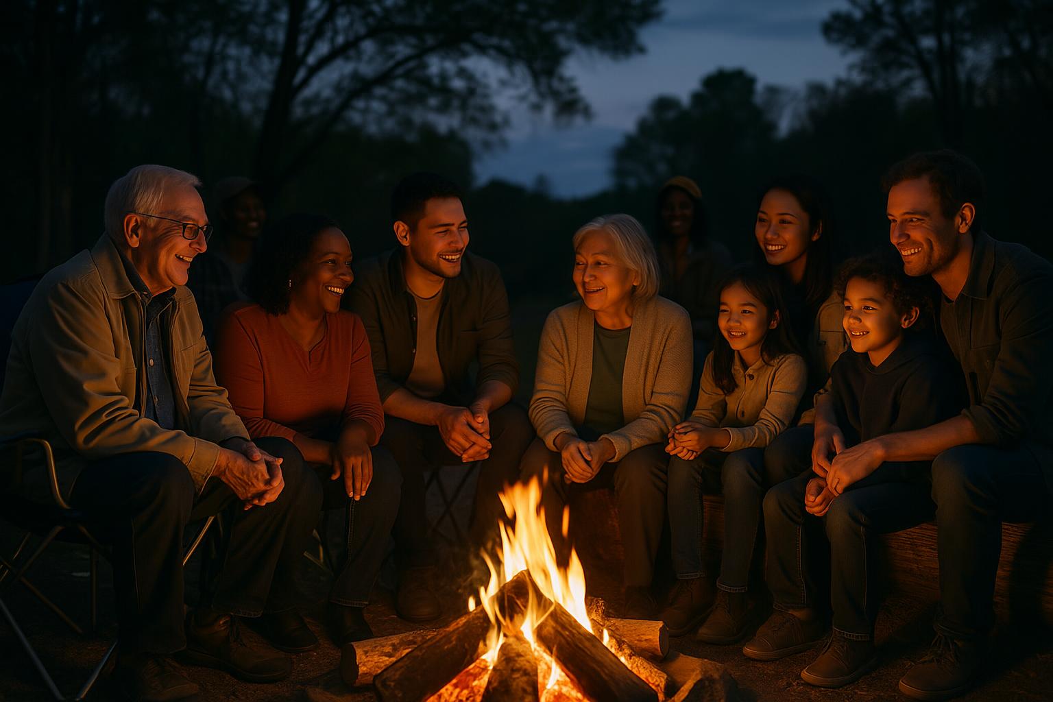 Diverse Community Around Campfire